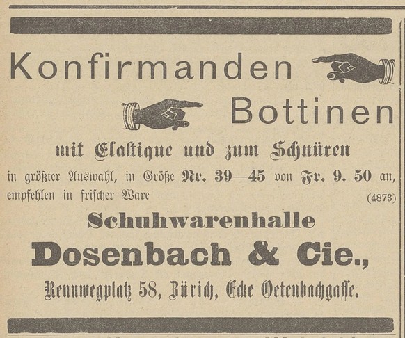 Dosenbachinserat aus der Zürcherischen Freitagszeitung, März 1896.
https://www.e-newspaperarchives.ch/?a=d&amp;d=ZFZ18960327-01&amp;e=------189-fr-20--1--img-txIN-dosenbach-------0-----