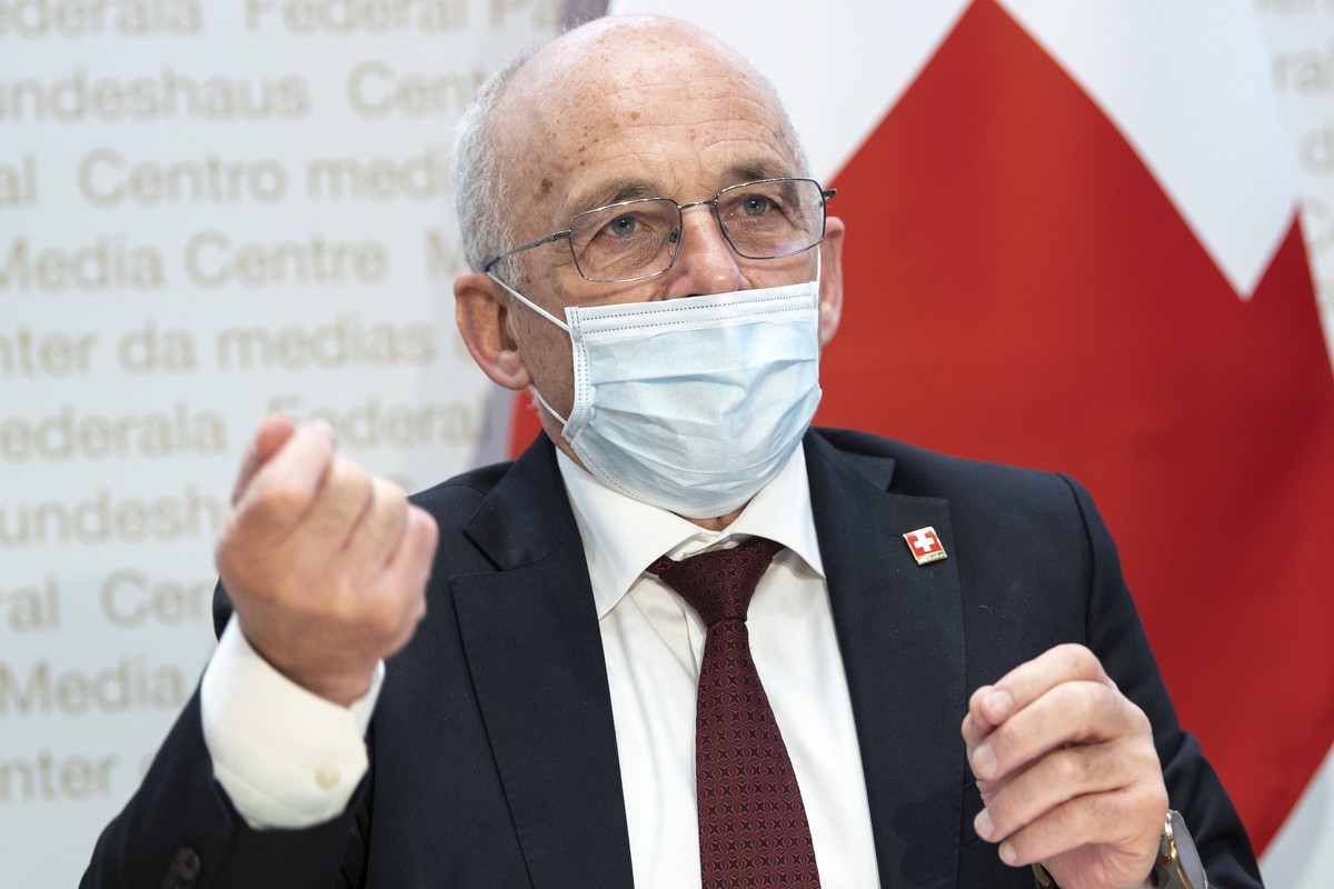 Bundesrat Ueli Maurer spricht an einer Medienkonferenz ueber die digitale Verwaltung Schweiz, am Mittwoch, 10. Maerz 2021, in Bern. (KEYSTONE/Peter Schneider)