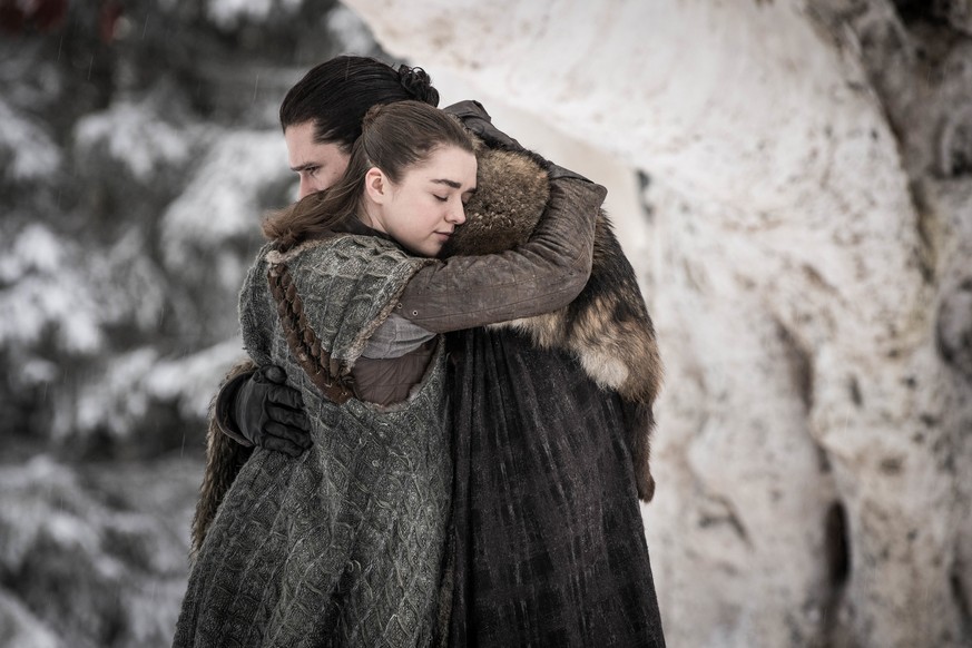 This image released by HBO shows Maisie Williams, left, and Kit Harington in a scene from &quot;Game of Thrones,&quot; premiering on Sunday, April 14. The first episode of the final season of &quot;Ga ...