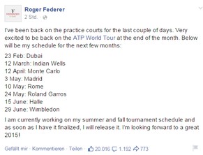 Roger Federer veröffentlicht seinen Turnierplan auf Facebook.