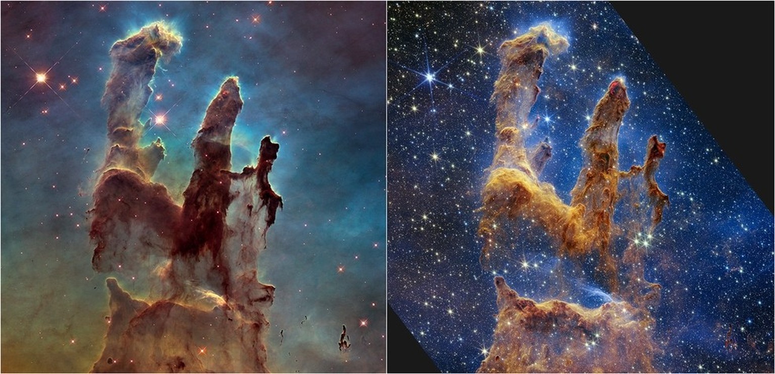 Säulen der Schöpfung, Pillars of Creation, Aufnahme des Hubble-Weltraumteleskops (l.) und des James-Webb-Weltraumteleskops.