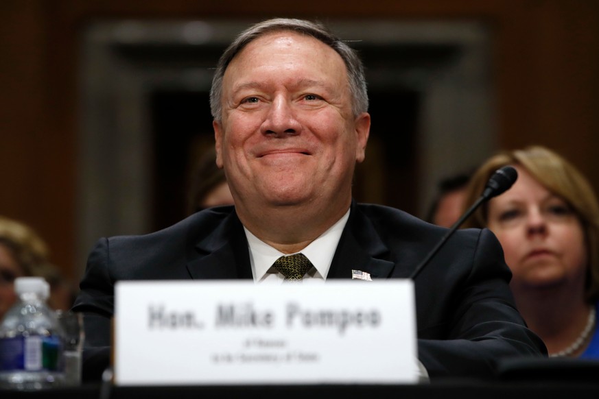 FILE - In this April 12, 2018, file photo Mike Pompeo smiles after his introduction before the Senate Foreign Relations Committee during a confirmation for him to become the next Secretary of State on ...