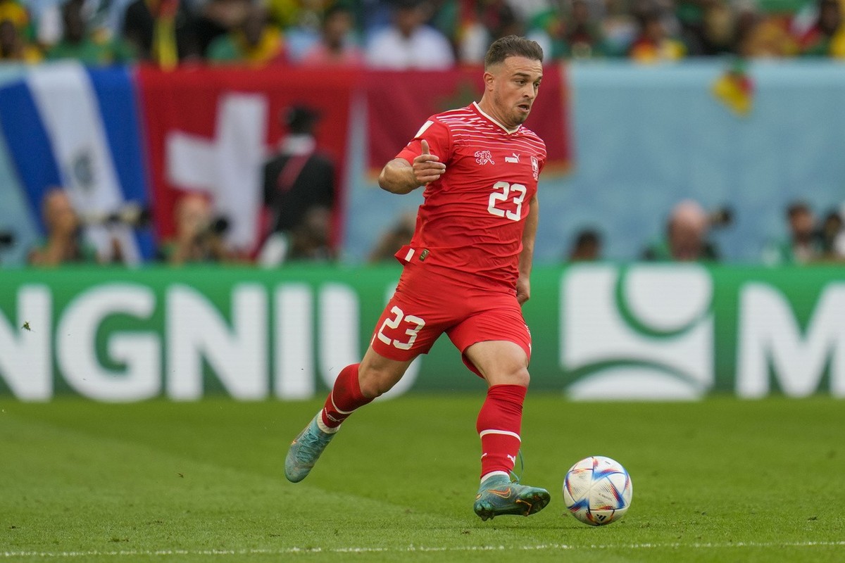 Switzerland's Xherdan Shaqiri controls the ball during the World Cup group G soccer match between Switzerland and Cameroon, at the Al Janoub Stadium in Al Wakrah, Qatar, Thursday, Nov. 24, 2022.  ...