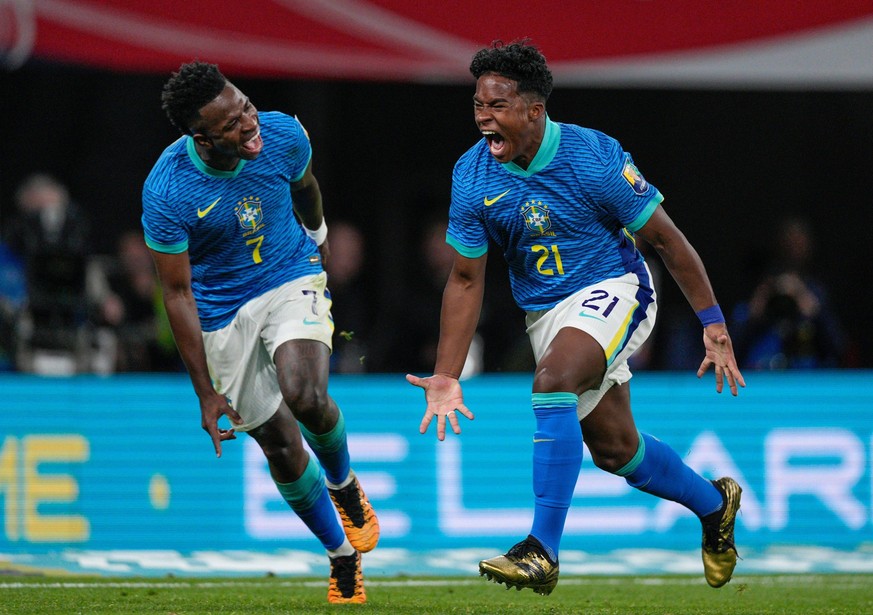 Endrick of Brazil celebrates scoring winning goal with Vinicius Junior England v Brazil, International Friendly, L�nderspiel, Nationalmannschaft Football, Wembley Stadium, London, UK - 23 Mar 2024 EDI ...