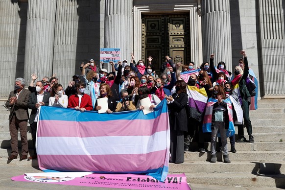 epa09079737 Plataform Trans Association president Mar Cambrolle (C) takes part with Euforia Trans Association to a demonstration to defend the new transexual law that has been registred at the Lower C ...