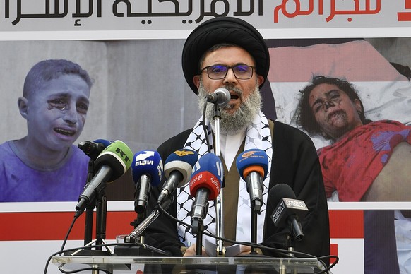 epa10925678 Head of Hezbollah&#039;s Executive Council Sayyed Hashem Safieddine addresses a protest organized by Hezbollah in solidarity with the Palestinian people, following a strike on a hospital i ...