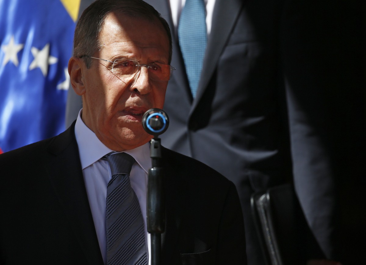 Russia's Foreign Minister Sergey Lavrov speaks to journalists at Miraflores presidential palace in Caracas, Venezuela, Friday, Feb. 7, 2020. Lavrov is visiting Venezuela in a show of support for  ...