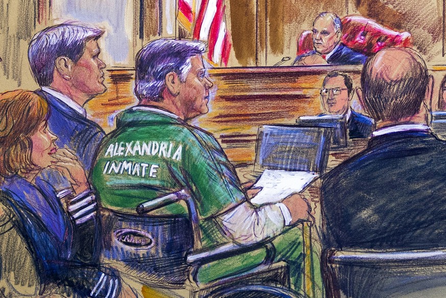 This courtroom sketch depicts former Trump campaign chairman Paul Manafort, center in a wheelchair, during his sentencing hearing in federal court before judge T.S. Ellis III in Alexandria, Va., Thurs ...