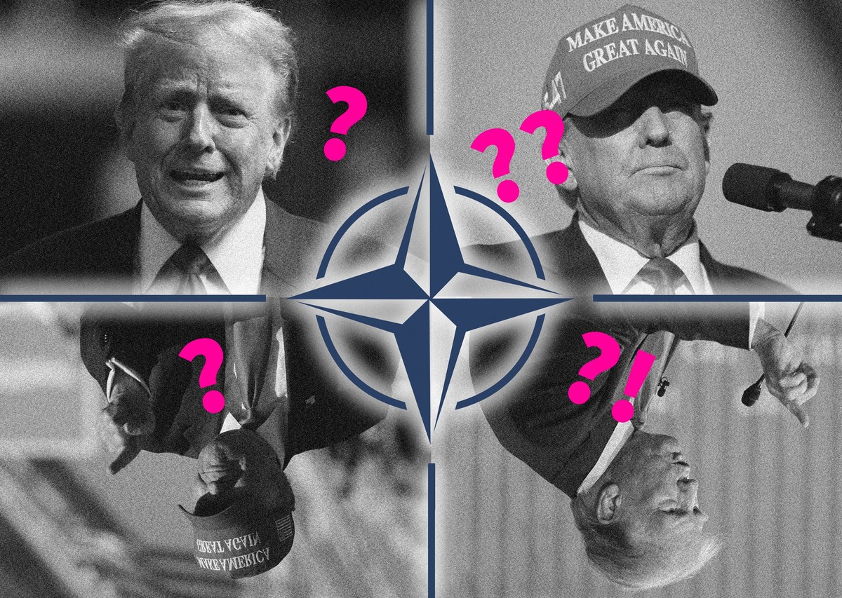 Wie die Nato versucht, Trump auszutricksen. Vier Bilder von verwirrtem Donald Trump. In der Mitte das Logo der NATO