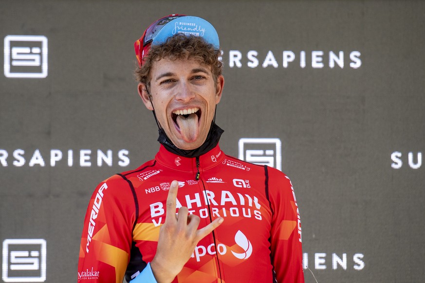 Gino Maeder from Switzerland of Bahrain Victorious reacts after the eigth and final stage, a 160 km race with start and finish in Andermatt, at the 84th Tour de Suisse UCI ProTour cycling race, on Sun ...