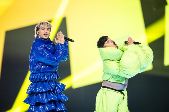 epa12108033 Baby Lasagna (L) and Kaarija (R) perform during the dress rehearsal for the Grand Final of the 69th Eurovision Song Contest (ESC) in Basel, Switzerland, 16 May 2025. EPA/GEORGIOS KEFALAS