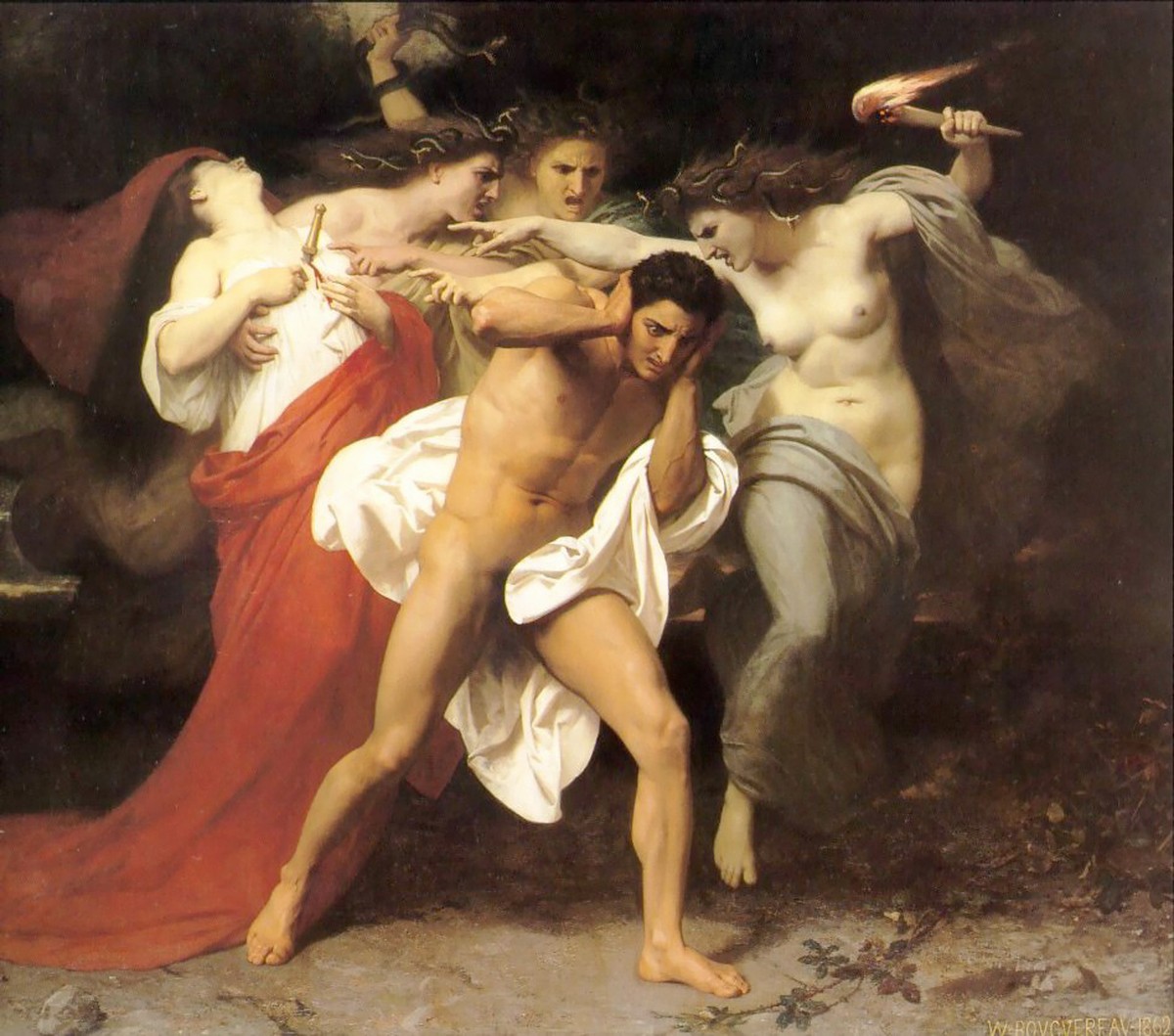 William Adolphe Bouguereau – «Orestes wird von Furien gehetzt». Diese Rachegöttinnen stellen die personifizierten Gewissensbisse dar. Im matriarchalen Kontext gelten sie als Verteidigerinnen mutterrec ...