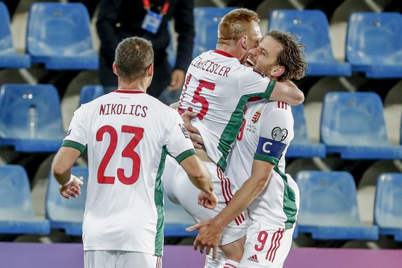 Hungary's Laszlo Kleinheisler celebrates after scoring his side's third goal during a World Cup 2022 group I qualifying soccer match between Andorra and Hungary at the Estadi Nacional stadiu ...