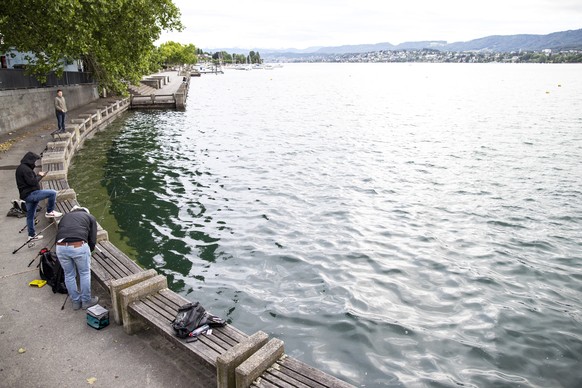Erste Besucher fischen am Seeufer in Zuerich nach der Oeffnung der Seepromenade am Samstag, 6. Juni 2020. (KEYSTONE/Alexandra Wey).