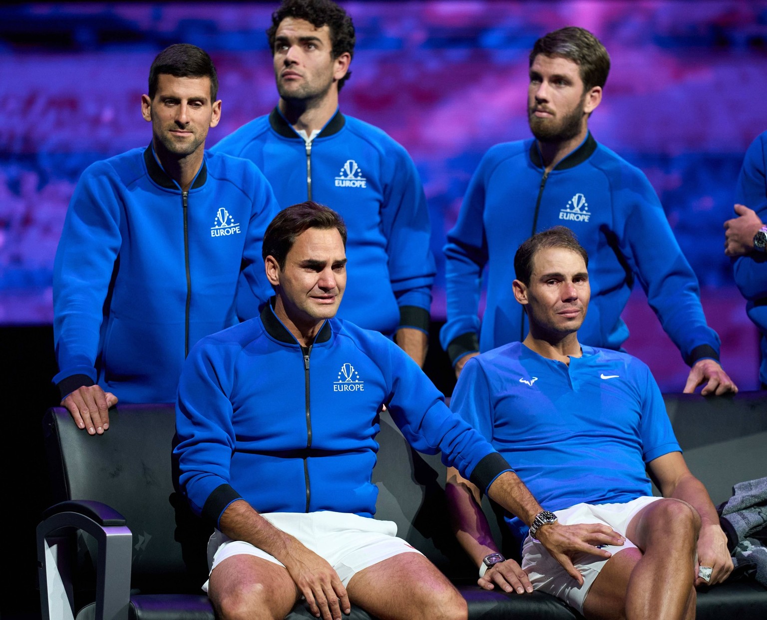 Tennis: Laver Cup, Sep 23, 2022 London, United Kingdom A tearful Roger Federer SUI and Rafael Nadal ESP look on after his last Laver Cup Tennis match. Mandatory Credit: Peter van den Berg-USA TODAY Sp ...