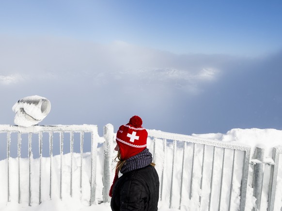 epa06400043 A tourist wearing a red hat with a Swiss cross looks at the landscape from the 'Peak Walk' suspension bridge on a winter day at the Glacier 3000 on the Col du Pillon between Gstaad and Les ...