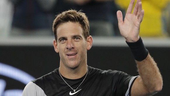 Argentina&#039;s Juan Martin del Potro celebrates after defeating United States&#039; Frances Tiafoe in their first round match at the Australian Open tennis championships in Melbourne, Australia, Tue ...