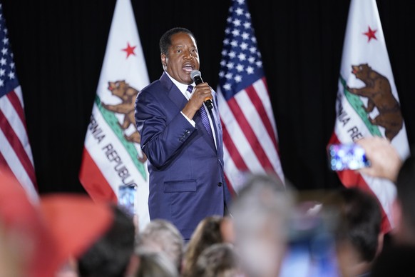 Republican conservative radio show host Larry Elder speaks after losing the California gubernatorial recall election Tuesday, Sept. 14, 2021, in Costa Mesa, Calif. The rare, late-summer election, whic ...
