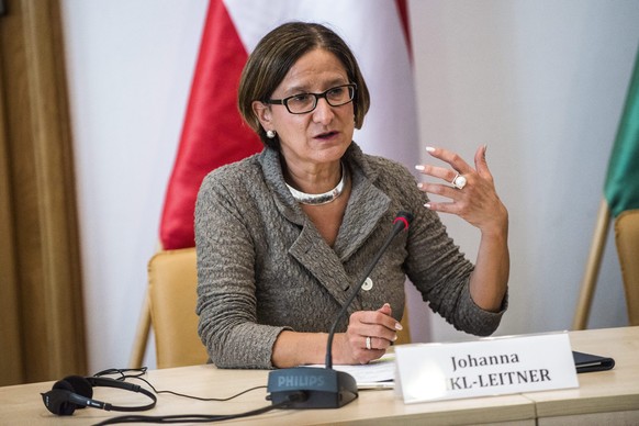 epa04825440 Interior Minister of Austria Johanna Mikl-Leitner speaks during a joint press conference, held with his Hungarian and Serbian counterpart Sandor Pinter and Nebojsa Stefanovic, after they s ...