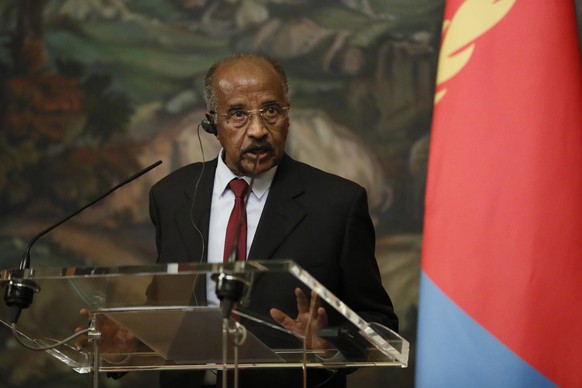 epa09912025 Eritrean Foreign Minister Osman Saleh attends a joint press conference with Russian Foreign Minister Sergei Lavrov (not pictured) following their meeting in Moscow, Russia, 27 April 2022.  ...
