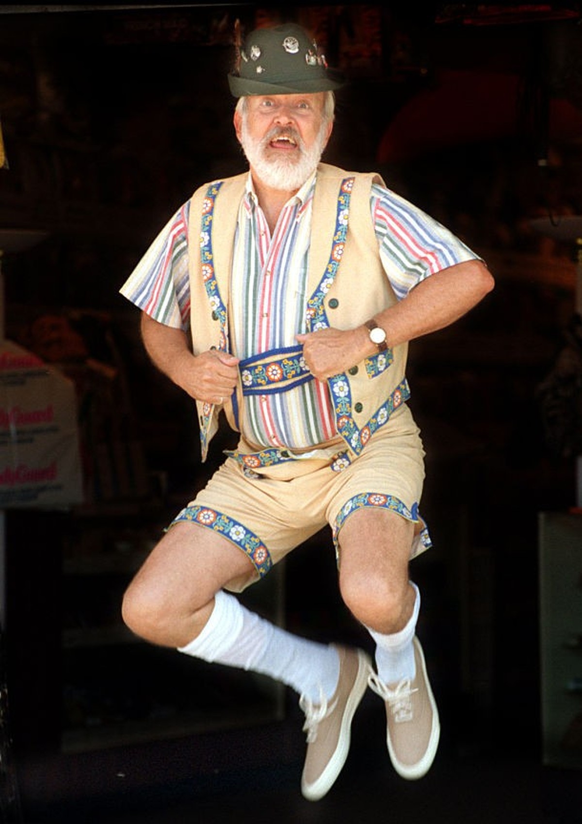 Bob Dempster, master of ceremonies for this year's Oktoberfest, to be held this Sunday in Thousand Oaks, shows off his lederhosen, a traditional Bavarian Festival Costume. He was outside of the M ...