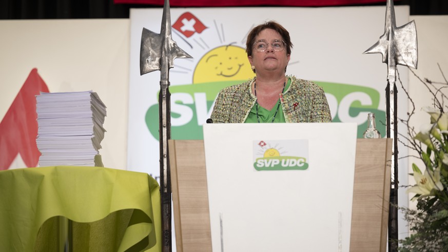 Vizepraesidentin Magdalena Martullo-Blocher spricht an der Delegiertenversammlung der SVP Schweiz, am Samstag, 28. Maerz 2026, in Maienfeld. (KEYSTONE/Gian Ehrenzeller)