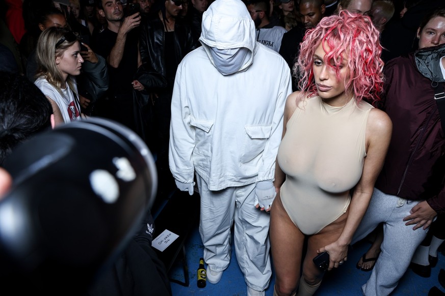 PARIS, FRANCE - JUNE 19: (EDITORIAL USE ONLY - For Non-Editorial use please seek approval from Fashion House) (L-R) Kanye West and Bianca Censori attend the Prototypes Menswear Spring/Summer 2025 show ...