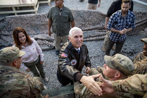 Vice President Mike Pence and his wife Karen Pence greets troops at Erbil International Airport in Erbil, Iraq, Saturday, Nov. 23, 2019. (AP Photo/Andrew Harnik)
Mike Pence,Karen Pence