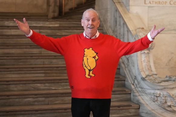 British journalist and former politician Gyles Brandreth gestures as he attends a literary engagement at the New York Public Library during a visit by Britain's Queen Camilla in New York, Wednesd ...