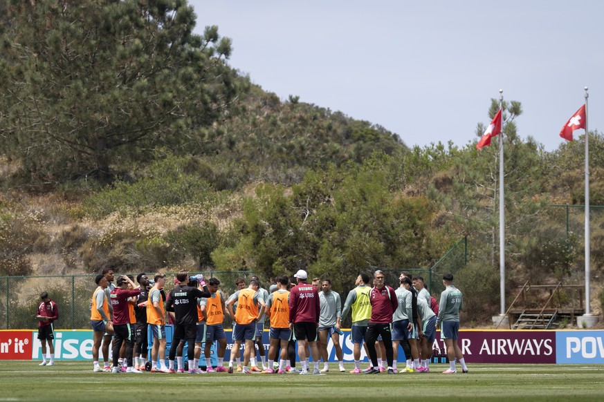 Switzerland's players take a break during training session of the Swiss national soccer team at the SDJA in San Diego, California, USA, Wednesday, June 3, 2026, ahead of the 2026 FIFA World Cup s ...