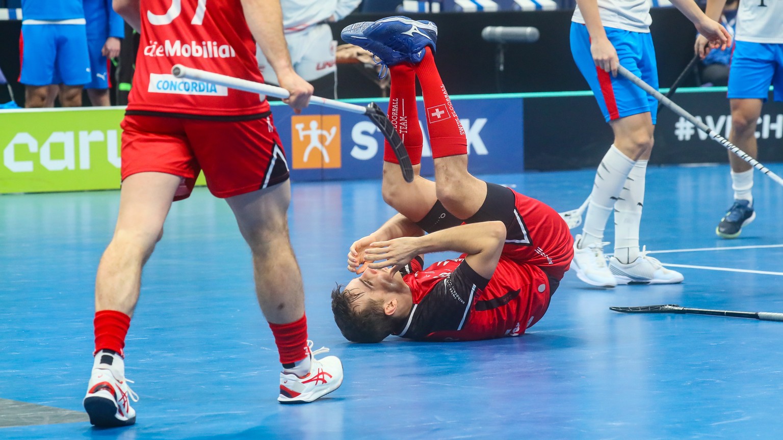 epa09636027 Manuel Maurer of Switzerland reacts during the men&#039;s World Floorball Championship 2021 3rd place match between the Czech Republic and Switzerland at Hartwall Arena in Helsinki, Switze ...