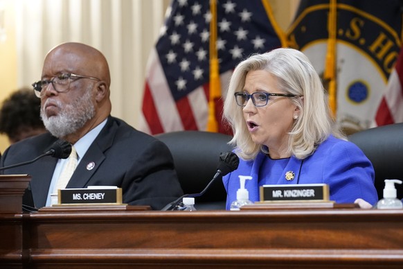 Vice Chair Liz Cheney, R-Wyo., gives her opening remarks as Committee Chairman Rep. Bennie Thompson, D-Miss., left, looks on, as the House select committee investigating the Jan. 6 attack on the U.S.  ...