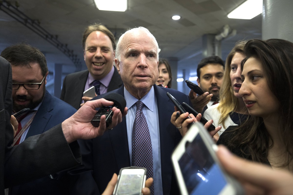 epa05968143 Republican Senator from Arizona John McCain speaks to the media about President Trump's leak of suspected classified information to the Russian government in the US Capitol in Washing ...