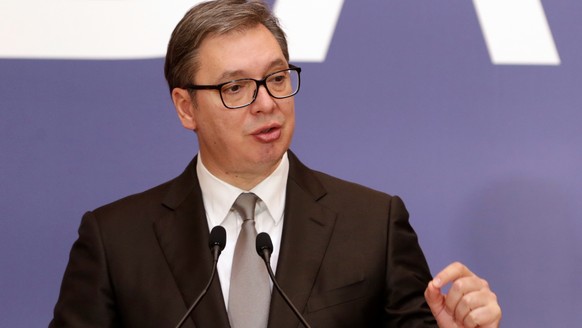 epa09563211 Serbian President Aleksandar Vucic talks during a press conference in Belgrade, Serbia, 04 November 2021. President Vucic meets with Albanian Prime Minister Rama and North Macedonia Deputy ...