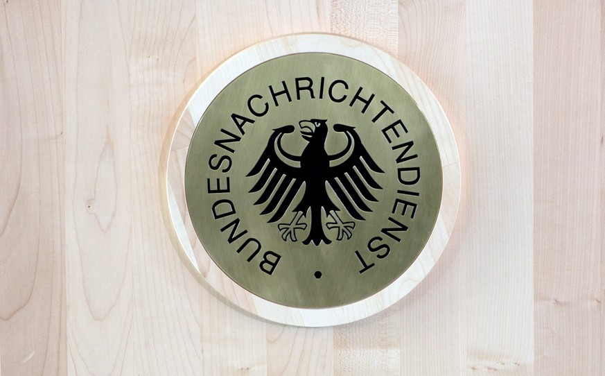 epa04148597 View of the logo of the BND during the opening ceremony for the northern building complex of the new headquarters of the German Intelligence Service BND in Berlin, Germany, 31 March 2014.  ...