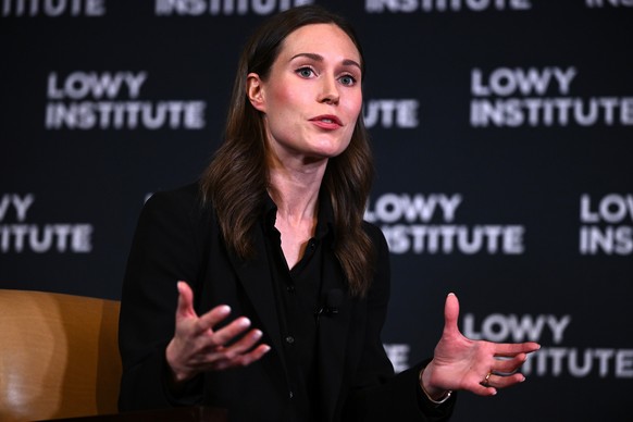 epa10343469 Prime Minister of Finland Sanna Marin speaks at an event at the Lowy Institute, in Sydney, Australia, December 02, 2022. Marin will visit New Zealand and Australia from November 29 to 0…