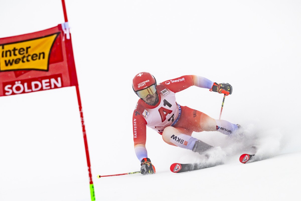 Loic Meillard from Switzerland in action during the first run of the Mens Giant Slalom race of the FIS Alpine Ski World Cup season opener on the Rettenbach glacier, in Soelden, Austria, on Sunday, Oc ...