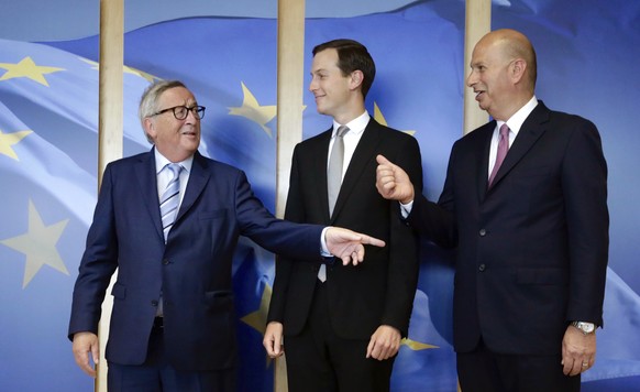 Senior Advisor to the President of the United States Jared Kushner, center, and US Ambassador to the EU Gordon Sondland, right, are greeted by European Commission President Jean-Claude Juncker prior t ...