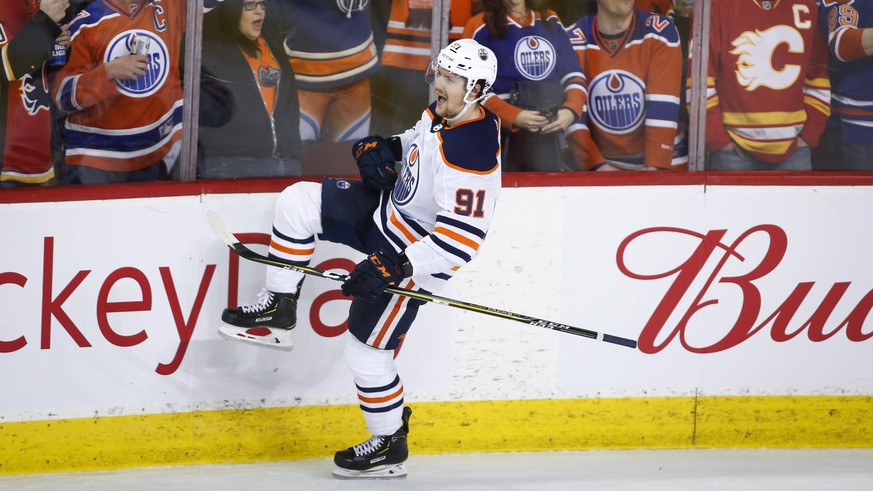 Edmonton Oilers&#039; Gaetan Haas celebrates his penalty-shot goal against the Calgary Flames during the third period of an NHL hockey game Saturday, Feb. 1, 2020, in Calgary, Alberta. (Jeff McIntosh/ ...