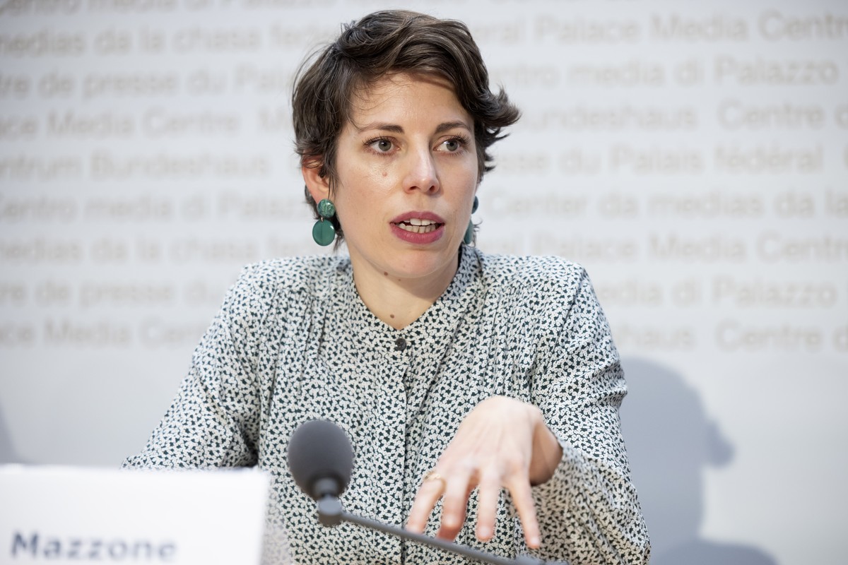 Lisa Mazzone, Praesidentin Gruene, spricht waehrend einer Medienkonferenz zur Lancierung der eidgenoessischen Volksinitiative "Fuer die Anerkennung des Staates Palaestina", am Dienstag, 14.  ...