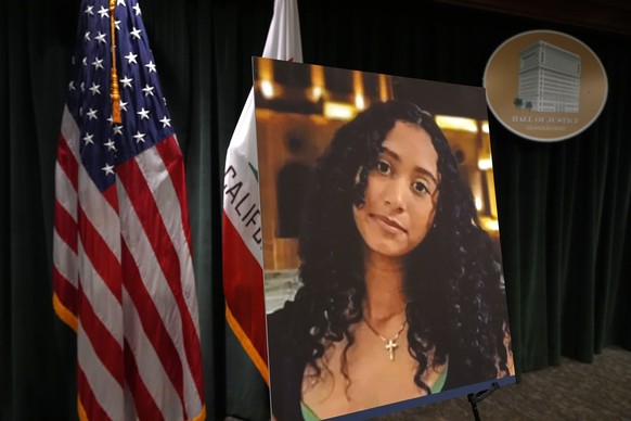 A photo of Celeste Rivas Hernandez is displayed Monday, April 20, 2026, in Los Angeles for a press conference regarding the case of singer D4vd, who was charged on suspicion of killing the 14-year-old ...