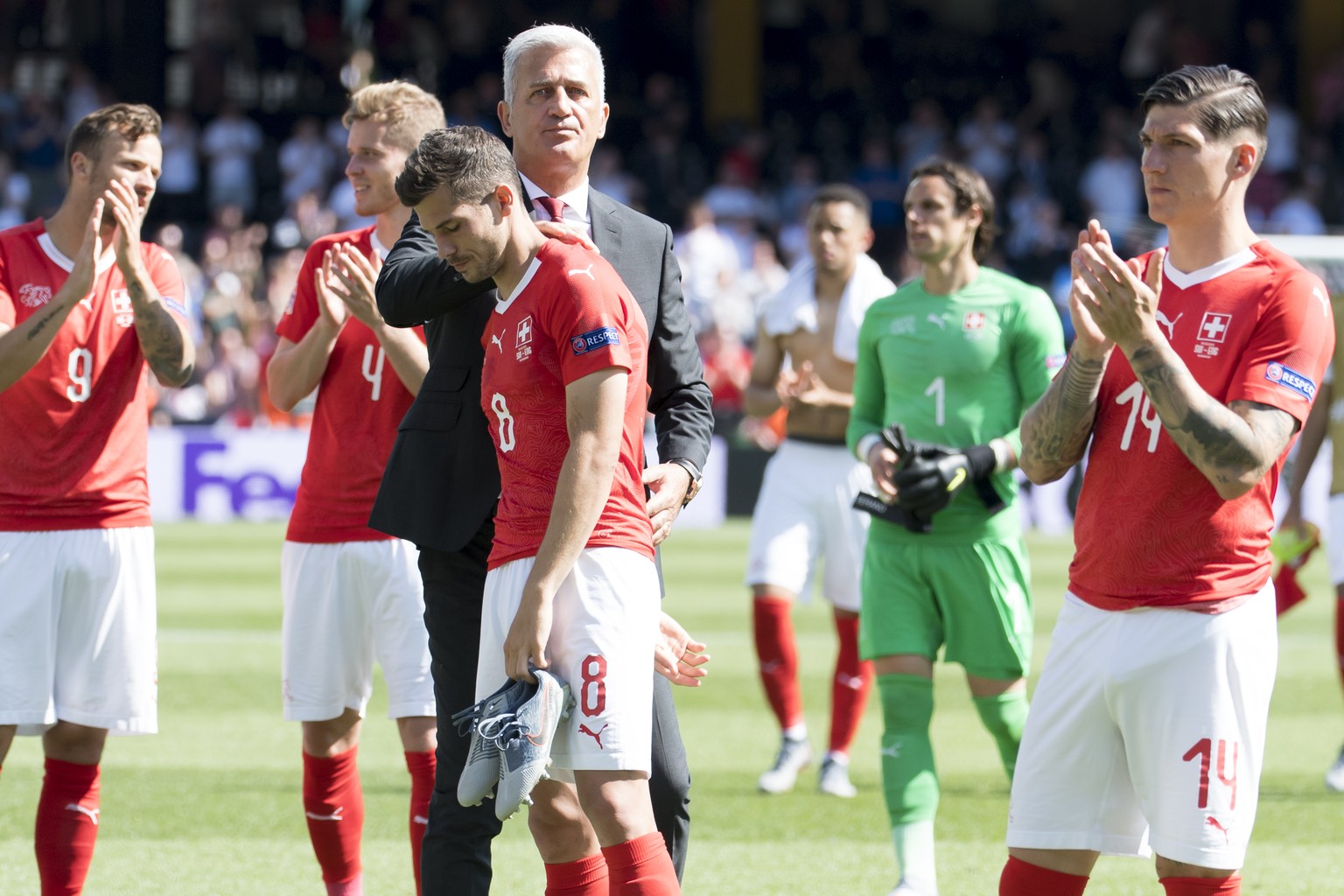 From left, Switzerland&#039;s forward Haris Seferovic, Switzerland&#039;s defender Nico Elvedi, Switzerland&#039;s midfielder Remo Freuler, Switzerland&#039;s head coach Vladimir Petkovic, Switzerland ...