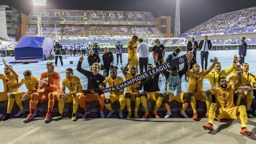 YBs players celebrate after the UEFA Champions League football 2nd leg playoff match between GNK Dinamo Zagreb from Croatia and BSC Young Boys from Switzerland, in the Stadion Maksimir, in Zagreb, Cro ...