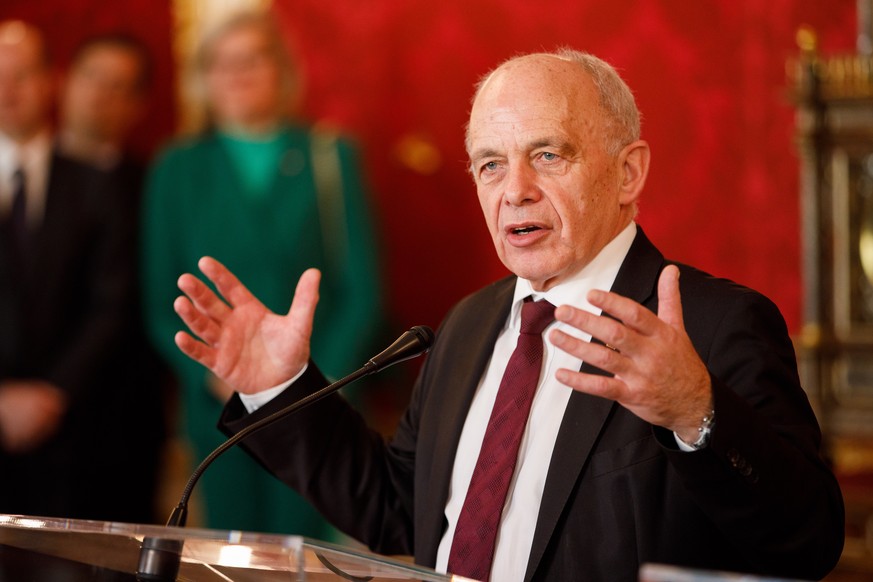 epa07275048 Swiss Federal President Ueli Maurer speaks during a press conference after a meeing with Austrian Federal President Alexander Van der Bellen (not pictured) at the presidential office of th ...