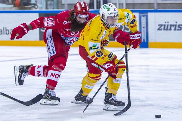 SC Rapperswil-Jona Lakers Verteidiger Eliot Antonietti, links, gegen EHC Biel Stuerner Michael Huegli waehrend dem Eishockey-Meisterschaftsspiel der National League zwischen den SC Rapperswil-Jona Lak ...