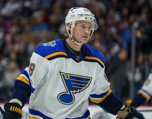 FILE - In this Jan. 2, 2020 file photo St. Louis Blues defenseman Jay Bouwmeester skates against the Colorado Avalanche during the third period of an NHL hockey game in Denver. Bouwmeester collapsed o ...