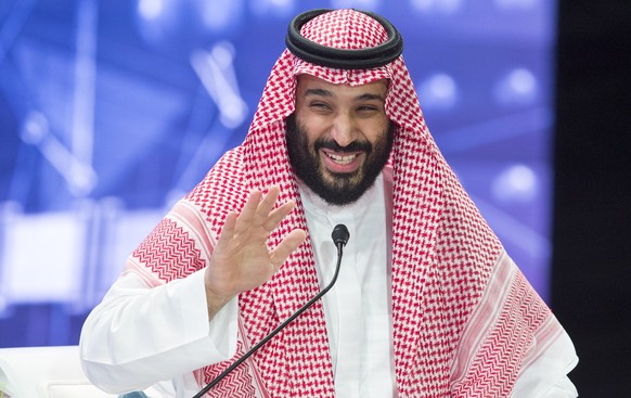 epa07116728 A handout photo made available by the Saudi Royal Palace shows Saudi Crown Prince Mohammad Bin Salman speaking during a session of the Future Investment Initiative Conference, in Riyadh, S ...