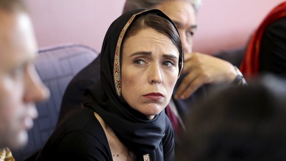 In this photo released by New Zealand Prime Minister&#039;s Office, Prime Minister Jacinda Ardern, center, meets representatives of the Muslim community, Saturday, March 16, 2019 at the Canterbury Ref ...