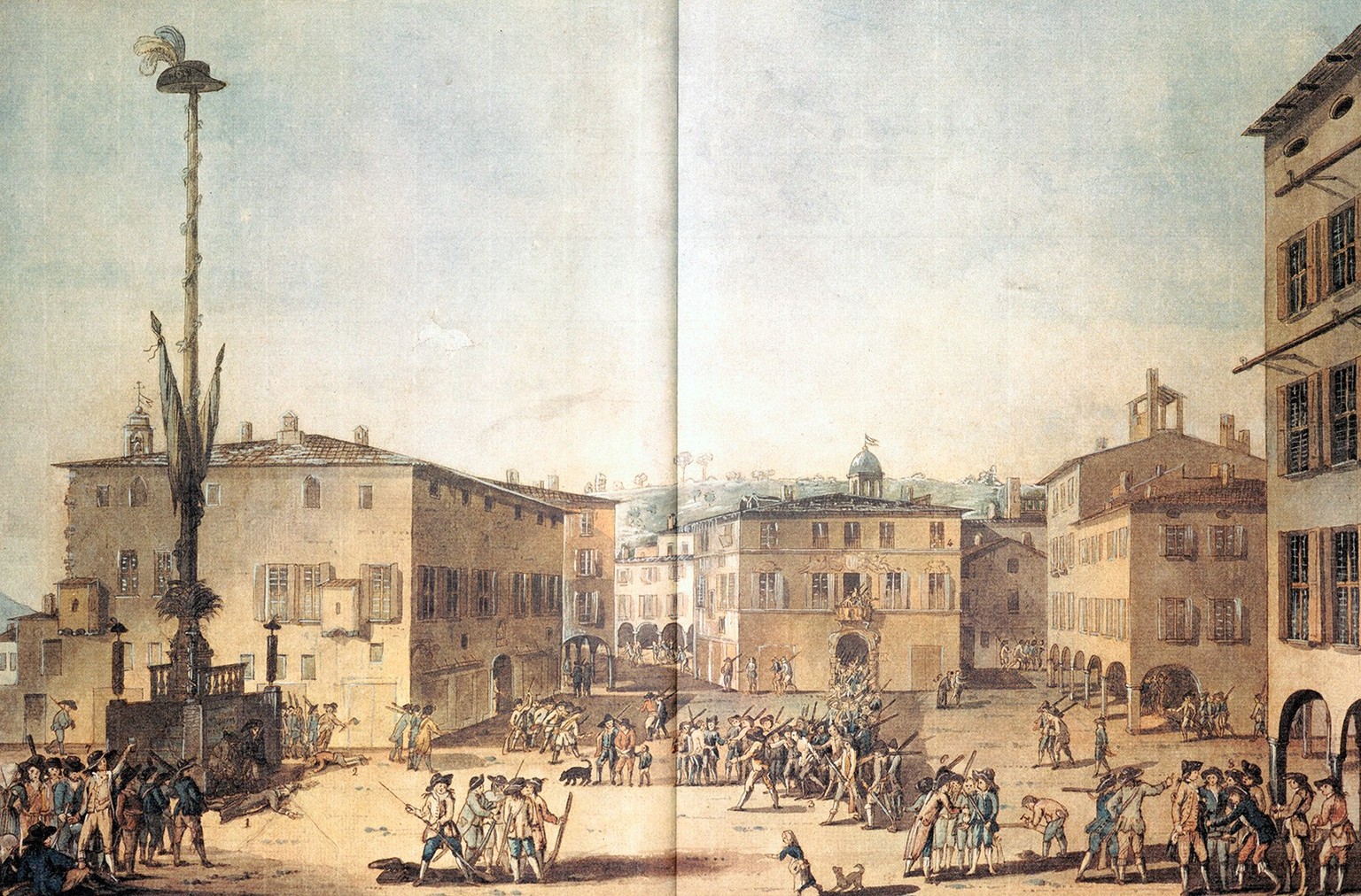 The Tree of Liberty with Telling Hut on the Piazza Grande in Lugano, 1799. Pen drawing by Rocco Torricelli.  https://swisscovery.slsp.ch/permalink/41SLSP_NETWORK/1ufb5t2/alma991013980699705501