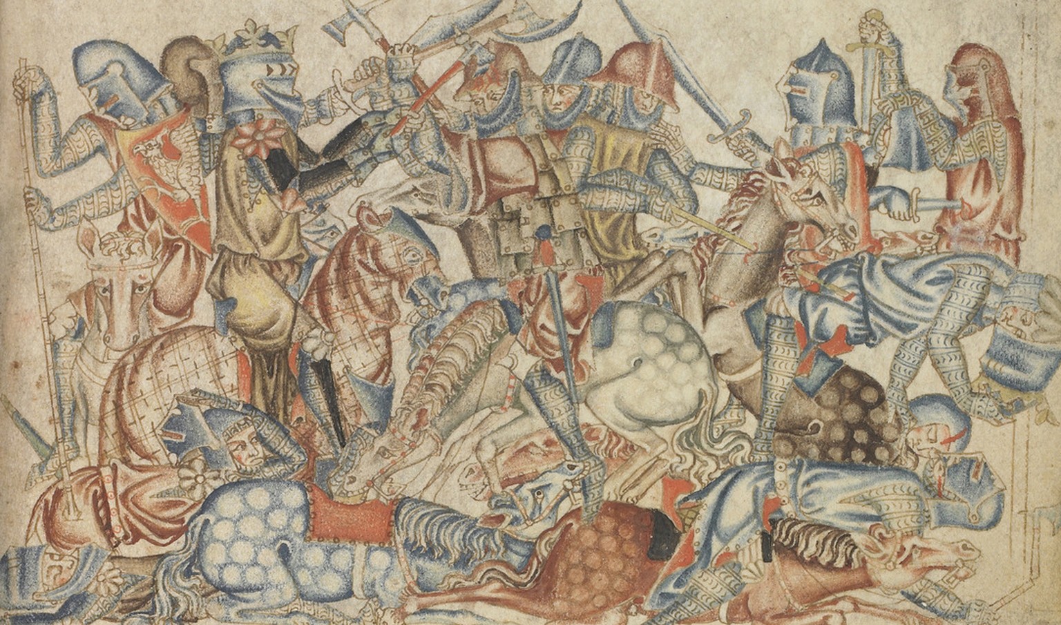 Darstellung der Schlacht von Bannockburn aus der Holkham Bible, 1327–35.